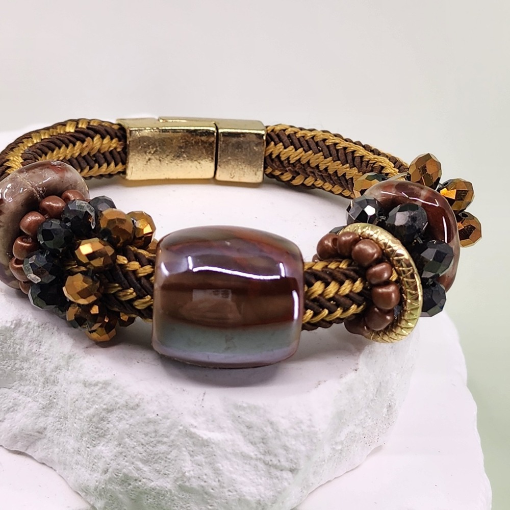 Brown Gold Tone Woven Cord Beaded Bracelet Ceramic Crystal Magnetic Statement
